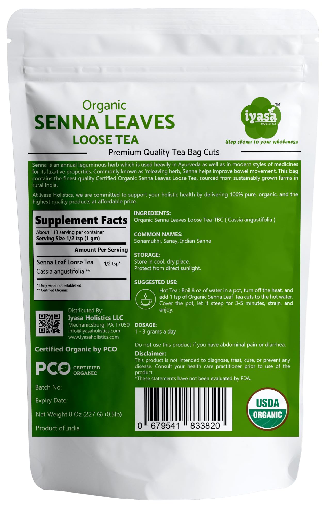 Senna Leaf 8 oz - USDA Certified Senna Leaves Organic Caffeine Free Tea for Hair & Skin Health - Pure Ayurveda Products by Iyasa Holistics