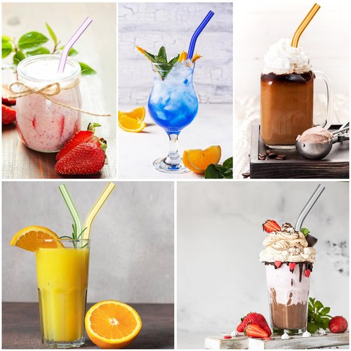 BIEOFFEI 12 Pack Reusable Colored Glass Straws - 9" x 10 MM Bent Glass Drinking Straws with 2 Cleaning Brushes, Thick Straw for Smoothies, Milkshake, Frozen Drinks, Tea, Juice, Iced Coffee