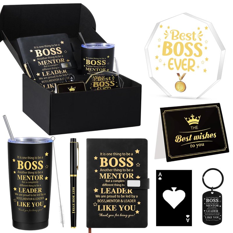VAIPI Bosses Day Gifts for Men, World's Best Boss Ever Gifts Basket Set for Male, Thank You Appreciation Cool Boss Gift with 20 oz Tumbler Acrylic Trophy Notebook Ballpoint Pen Bottle Opener