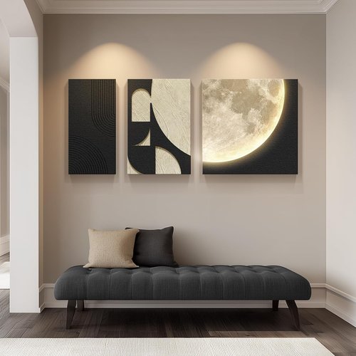 3D Textured Black and White Abstract Wall Art - LED Moon Design | 3-Piece Modern Paintings for Living Room, Hallway, Bedroom
