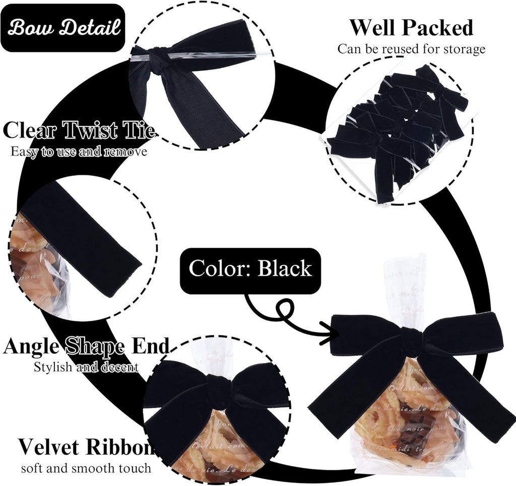 Velvet Bows 12 PCS | Premade Christmas Bows for Trees, Wreaths, Gifts - Elegant Black Decor