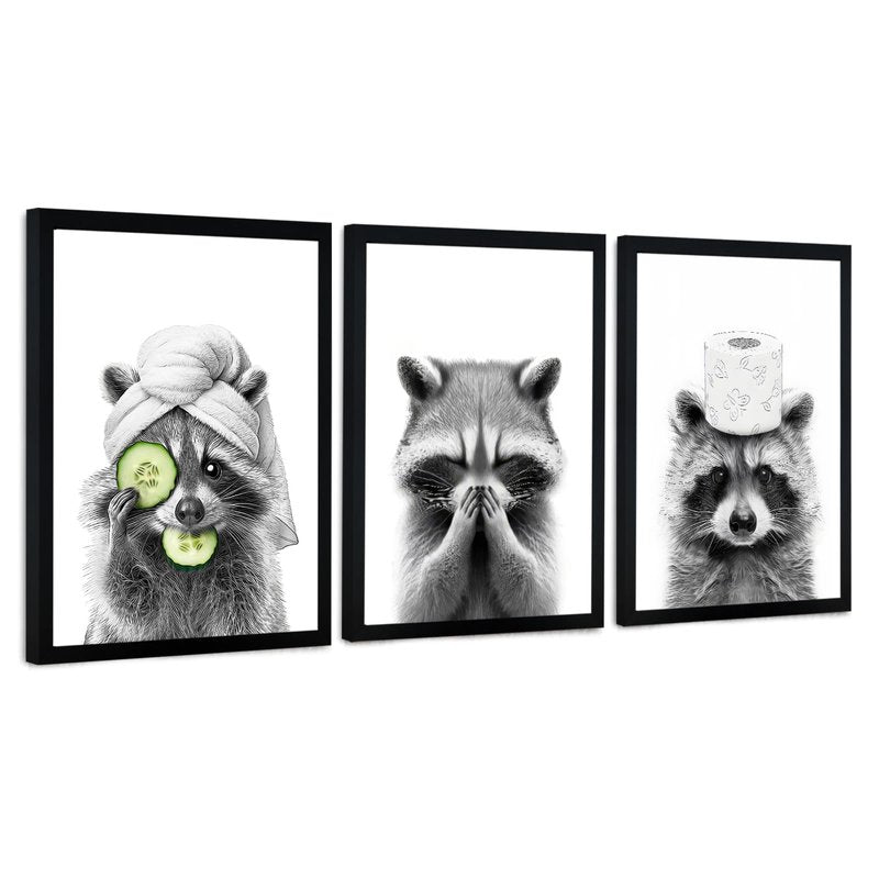 WRFON Raccoon Bathroom Wall Art Set of 3, Black and White Funny Animal Framed Canvas Prints, Farmhouse Wall Decor for Bathroom, Laundry Room or Kids Room, 16" W x 24" H Inch