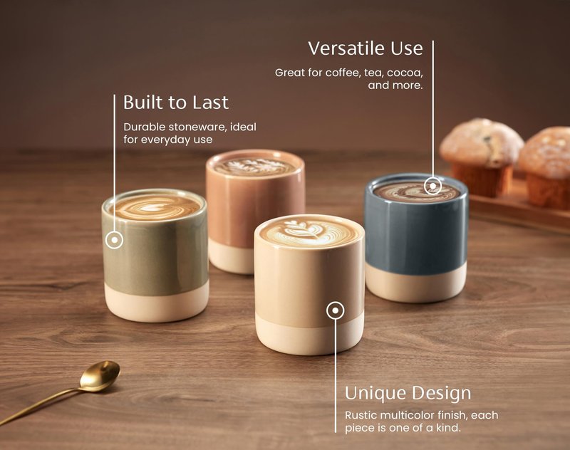 KooK Latte Cups, Ceramic Artisanal Stoneware, No Handle, Japanese Tea Cups, For Coffee, Tea, Cocoa, Microwave and Dishwasher Safe, Multicolor, 10.5 oz, Set of 4