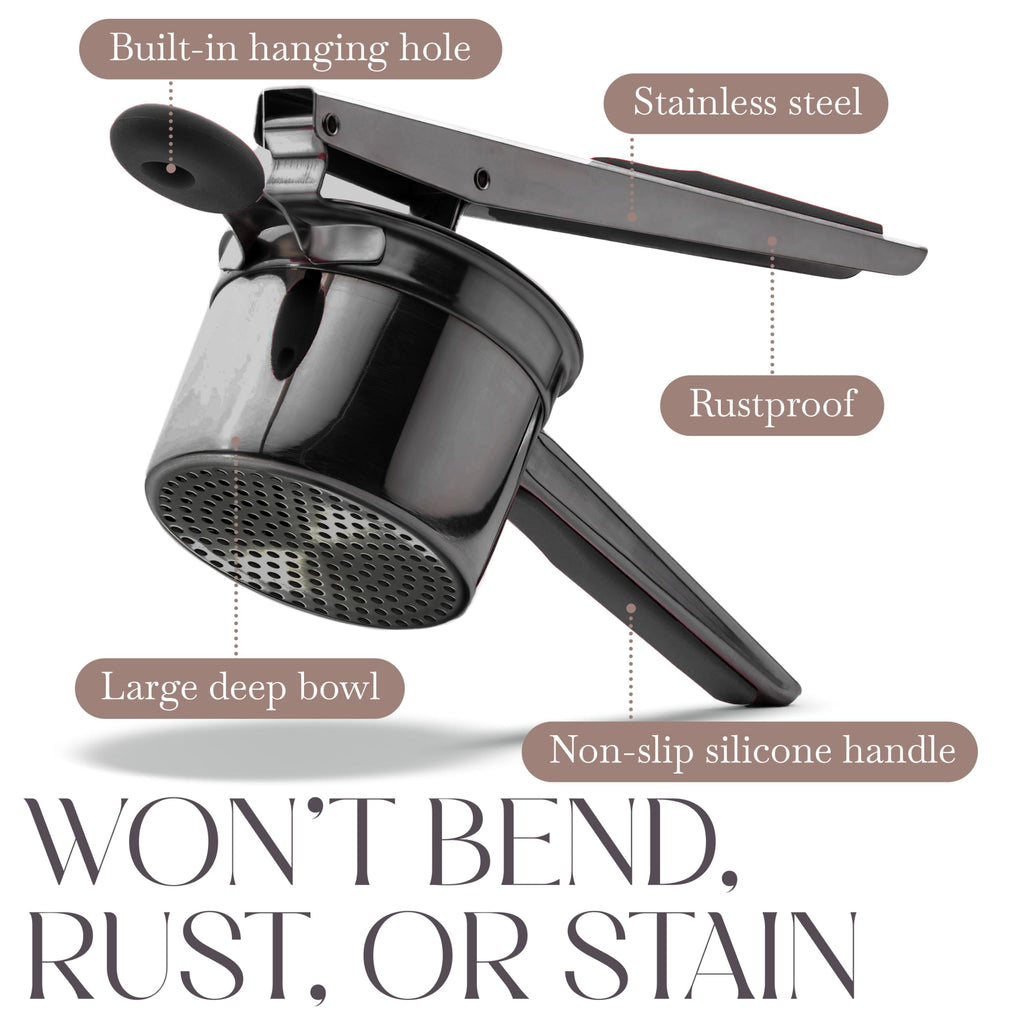 Bellemain 15 oz Large Potato Ricer | Heavy-Duty Stainless Steel Potato Ricer & Masher | Perfect for Mashed Potatoes | Ricer Kitchen Tool with 3 Interchangeable Discs (Metallic Black)