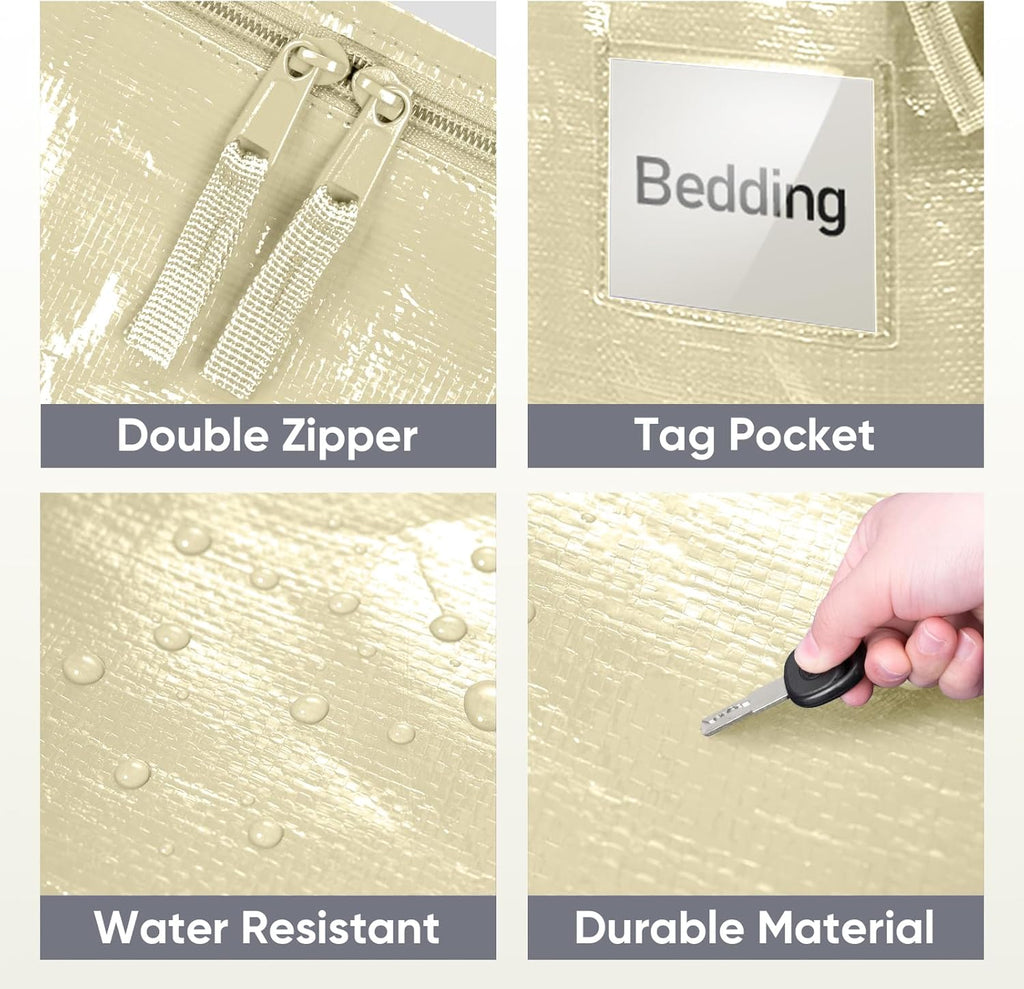 TICONN Extra Large Heavy Duty Moving Bags - Durable Storage with Zippers & Handles | 6 Pack, Cream