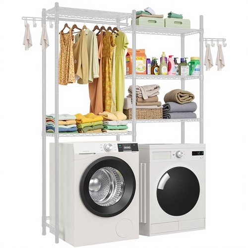 VEVOR Over The Washer and Dryer Storage Shelf, 5 Tier Laundry Room Drying Rack with Hanger Rod and Hooks, Adjustable Over Washer and Dryer Shelves, Laundry Room Shelf Storage Space Saver, White