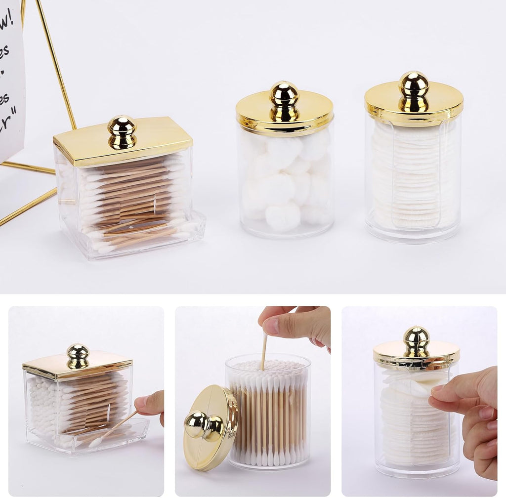 Tbestmax Q-Tips Dispenser | 3-Pack Bathroom Organizers - Plastic Apothecary Jars with Gold Lids