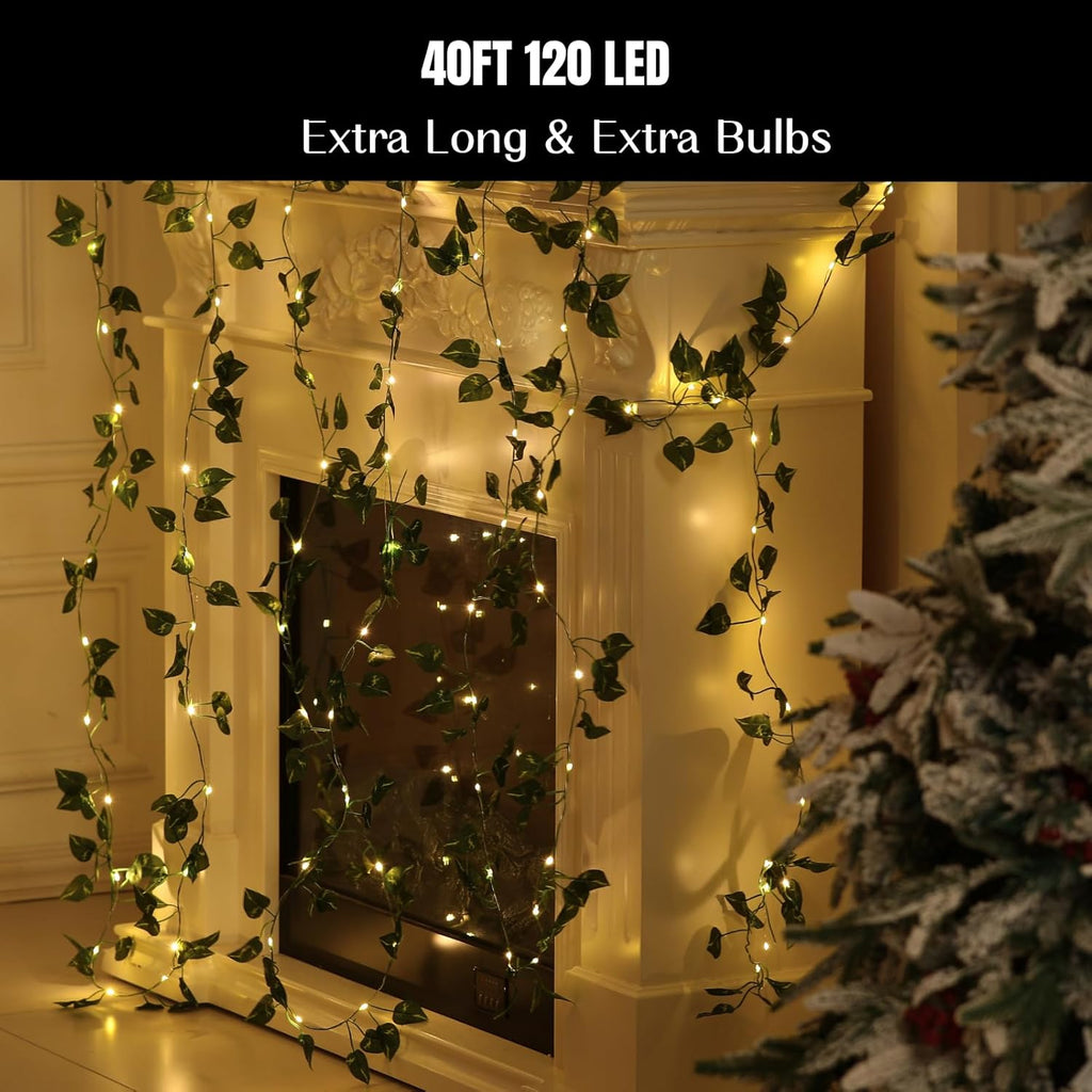 Skiennix 40ft LED Fairy Vine String Lights - USB & Battery Operated, 8 Modes, Timer, Warm White