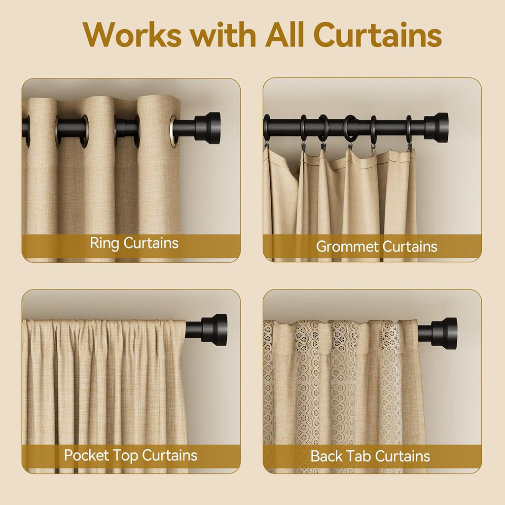 YaFex Curtain Rods - Heavy Duty 1 Inch Adjustable Window Treatment Rods | 32-58 Inch, Black, Modern Design