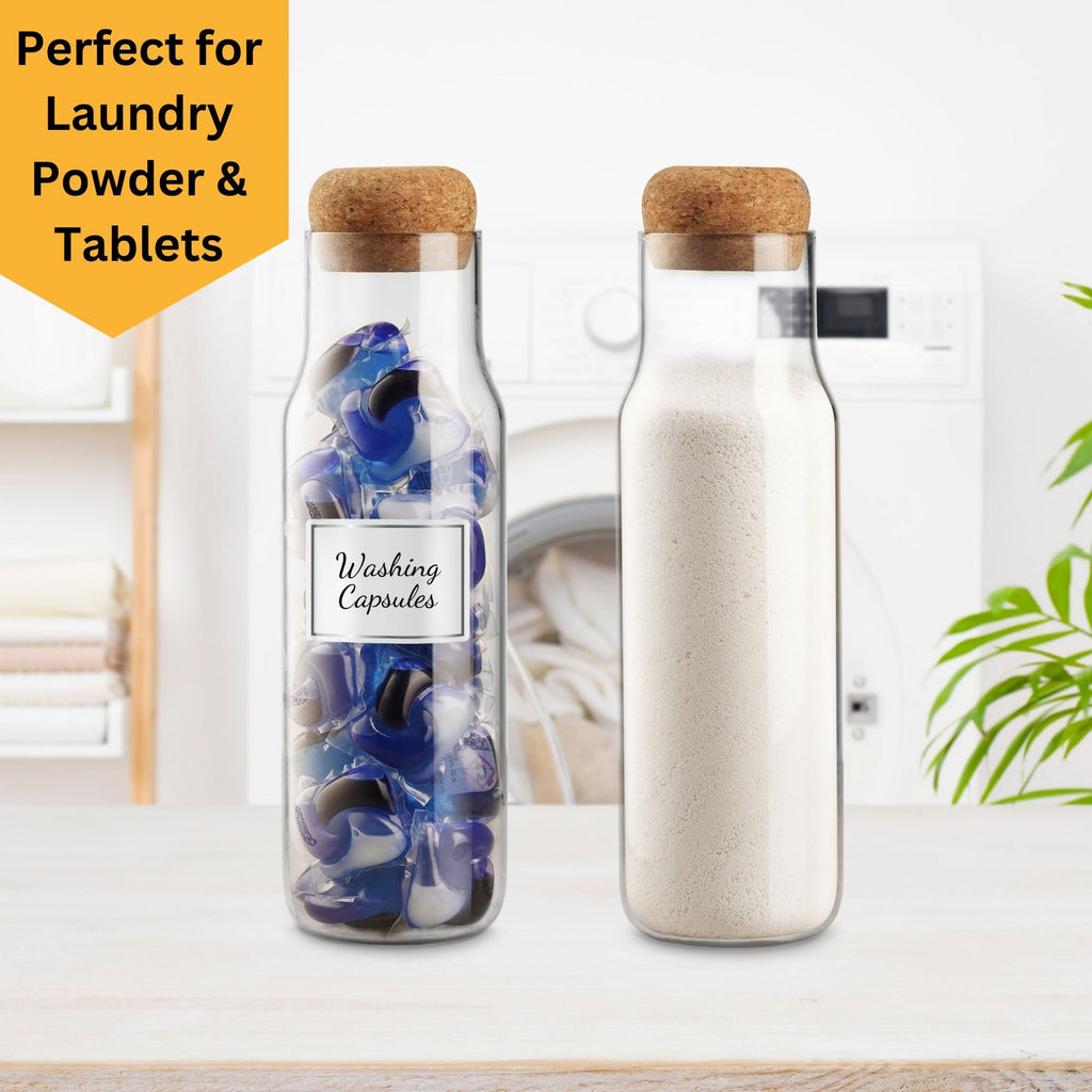 Wrenbury Fridge Glass Carafe with Stopper Set of 2 - Borosilicate Glass Milk Bottle Water Pitcher with Lid 35 oz - Laundry Powder Storage