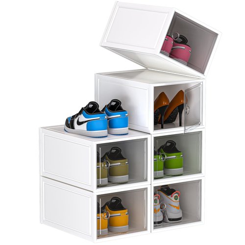 HWQBany 6 Pack X-Large Shoe Storage Boxes Organizer for Closet, Shoe Boxes Clear Plastic Stackable, Space Saving Foldable, Fit up to US Size 12 Shoes, Shoe Rack for Entryway, Closet, Under Bed, White