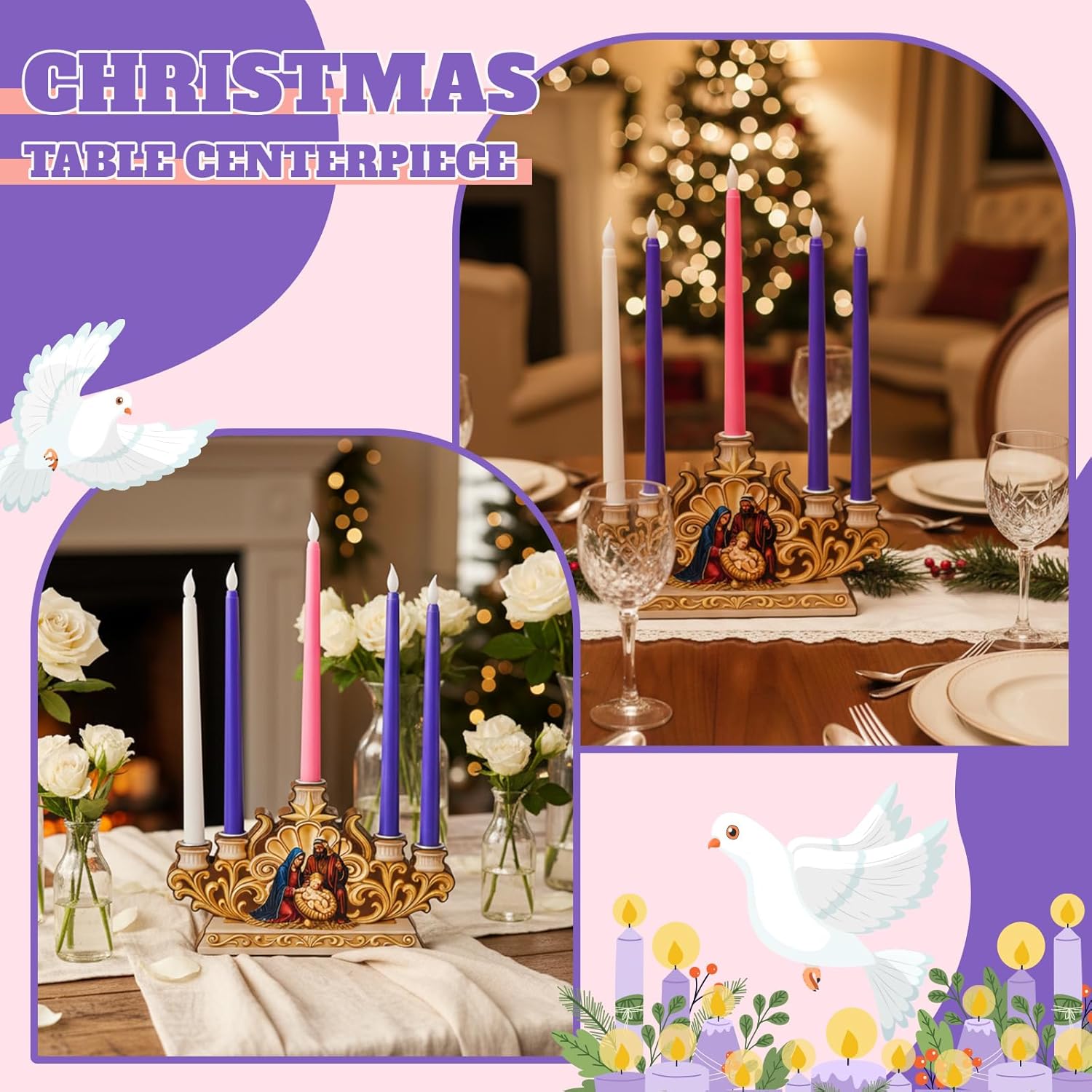 Qinyoung Advent Candle Holder - 5 Pcs Flameless Candles with Nativity Scene | Religious Table Decor