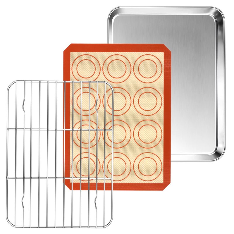 P&P CHEF 10.4 Inch Baking Oven Sheet Pan with Rack & Mat for Cookie, Stainless Steel Oven Sheet Tray Cooling Rack and Silicone Mat for Baking & Roasting, Dishwasher Safe & Healthy, 3Pcs