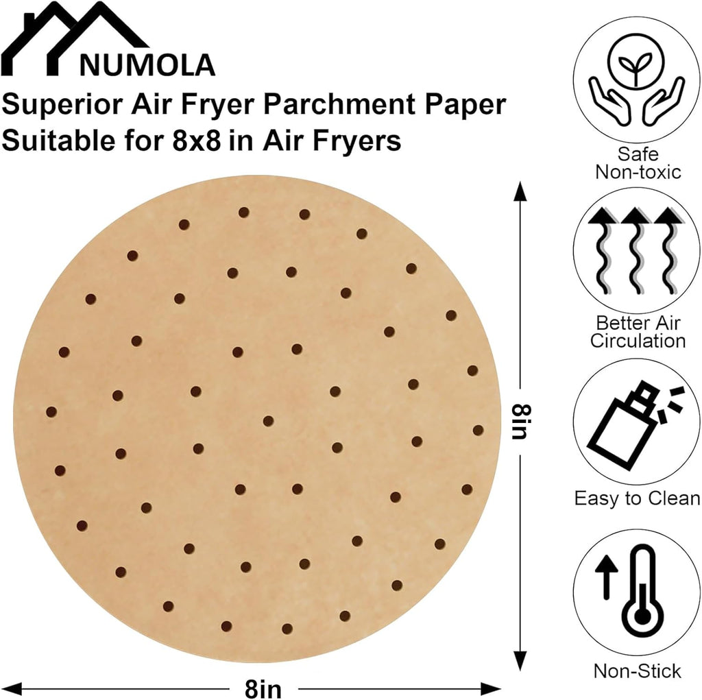 Numola Air Fryer Parchment Paper Liners - 8 Inch Non-Stick Disposable Baking Papers | 100 Pre-Cut Sheets for 3.5-6QT