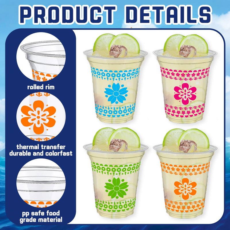60 Pcs 12 oz Fiesta Plastic Cups Mexican Cinco De Mayo Party Decorations Disposable Mexican Papel Picado Pattern Clear Cups for Taco Theme Party Decors Supplies
