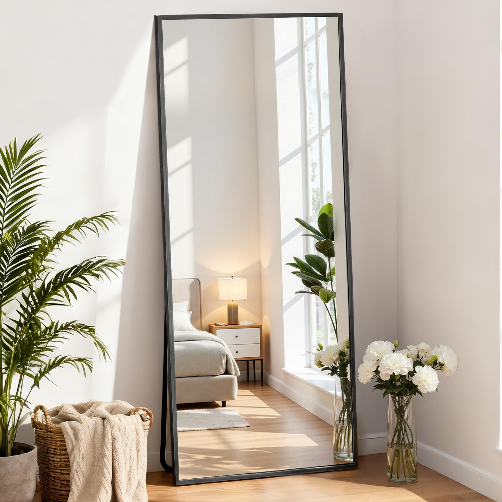 OLIXIS 21"x 64" Wall-Mounted Full Length Mirror, Metal Frame Floor Stand Mirror for Bathroom,Bedroom, Living Room, Entryway (Black)