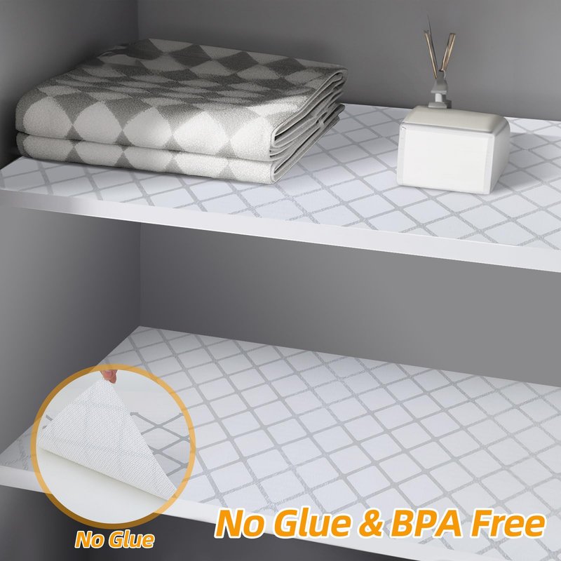 Shinlendid Drawer and Shelf Liner for Kitchen Cabinets, Non-Adhesive Strong Grip Cabinet Liners for Dressers, Durable Waterproof Anti Slip Cupboard Liner, White/Sliver, 23 in x 10 Feet