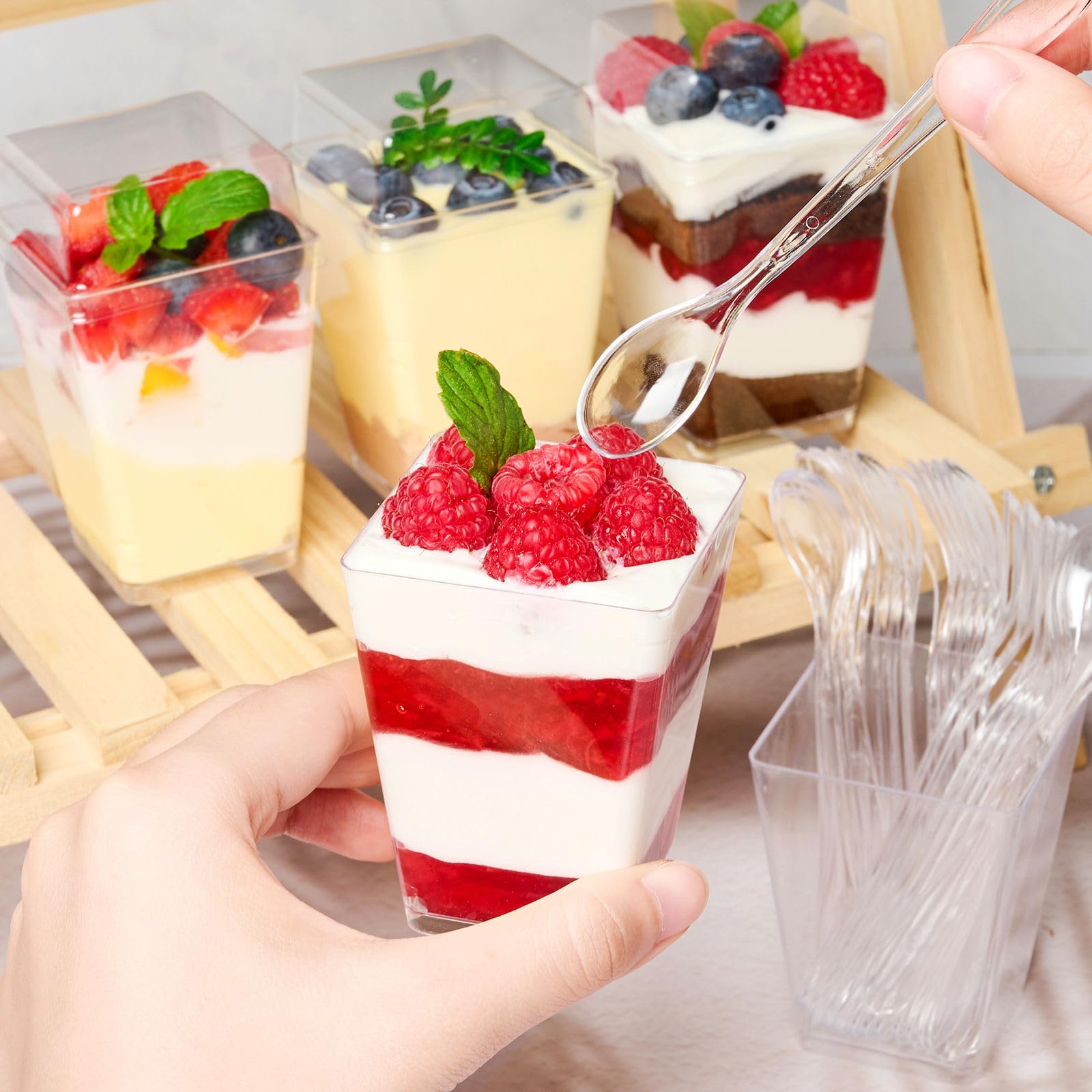 TOFLEN 50 Pack 5 oz Plastic Dessert Cups with High Lids for Party, Mini Dessert Cups with Spoons Dessert Shooter Cups for Yogurt Parfait, Appetizer, Pudding, Fruit and Ice Cream