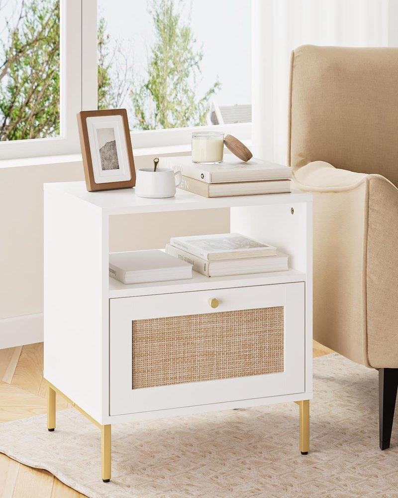 Apetaccat Extra Large Nightstand Rattan Night Stand, Modern Side Table Boho Farmhouse Wood Bedside Table with Storage Drawer and Open Shelf,Large End Table for Bedroom,Living Room,Office(White)