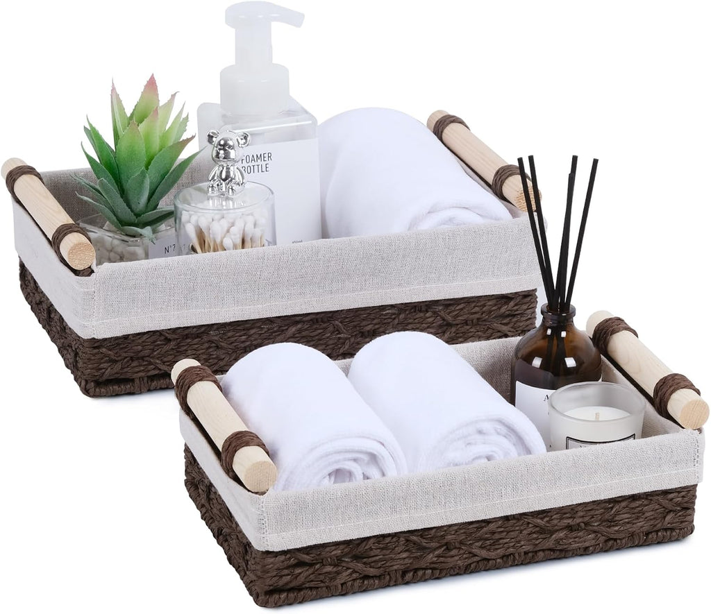 Wicker Storage Basket - Decorative Paper Rope Organizer with Wooden Handle | 2-Pack, Brown for Home & Office