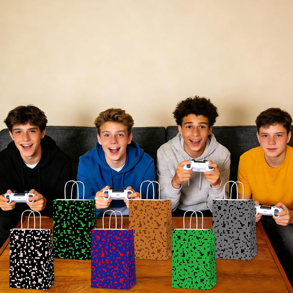 Skiennix Pixel Party Favor Bags - 12 PCS Video Game Themed Treat Bags with Handles for Kids' Birthdays