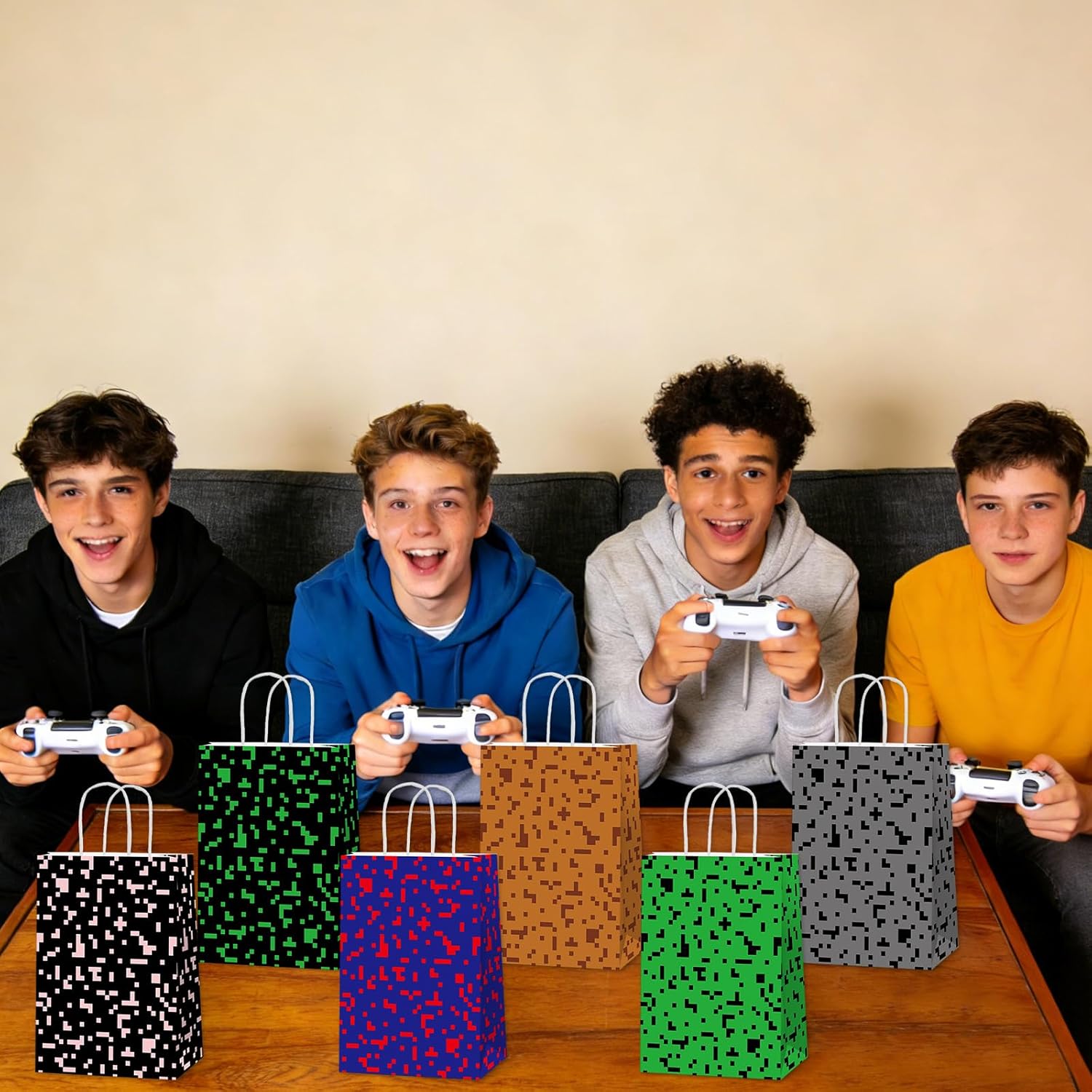 Skiennix Pixel Party Favor Bags - 12 PCS Video Game Themed Treat Bags with Handles for Kids' Birthdays