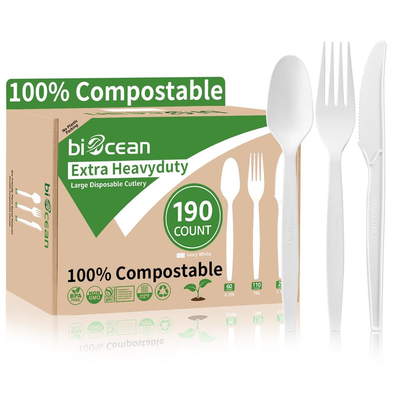 Biocean Extra Heavyduty Compostable Cutlery Set - 190 Count Large Disposable Utensils No Plastic Forks Spoons Knives Biodegradable Fork Eco Friendly Silverware for Party,BBQ,Daily Use,Events,Picnic