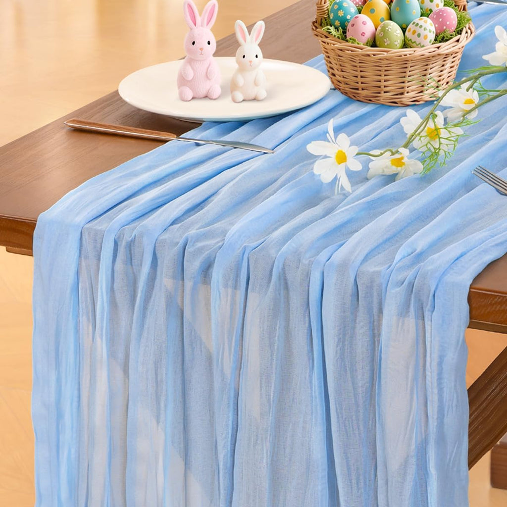 Socomi Blue Cheesecloth Table Runner - Light Blue Boho Rustic Design | 120 Inch for Weddings & Events