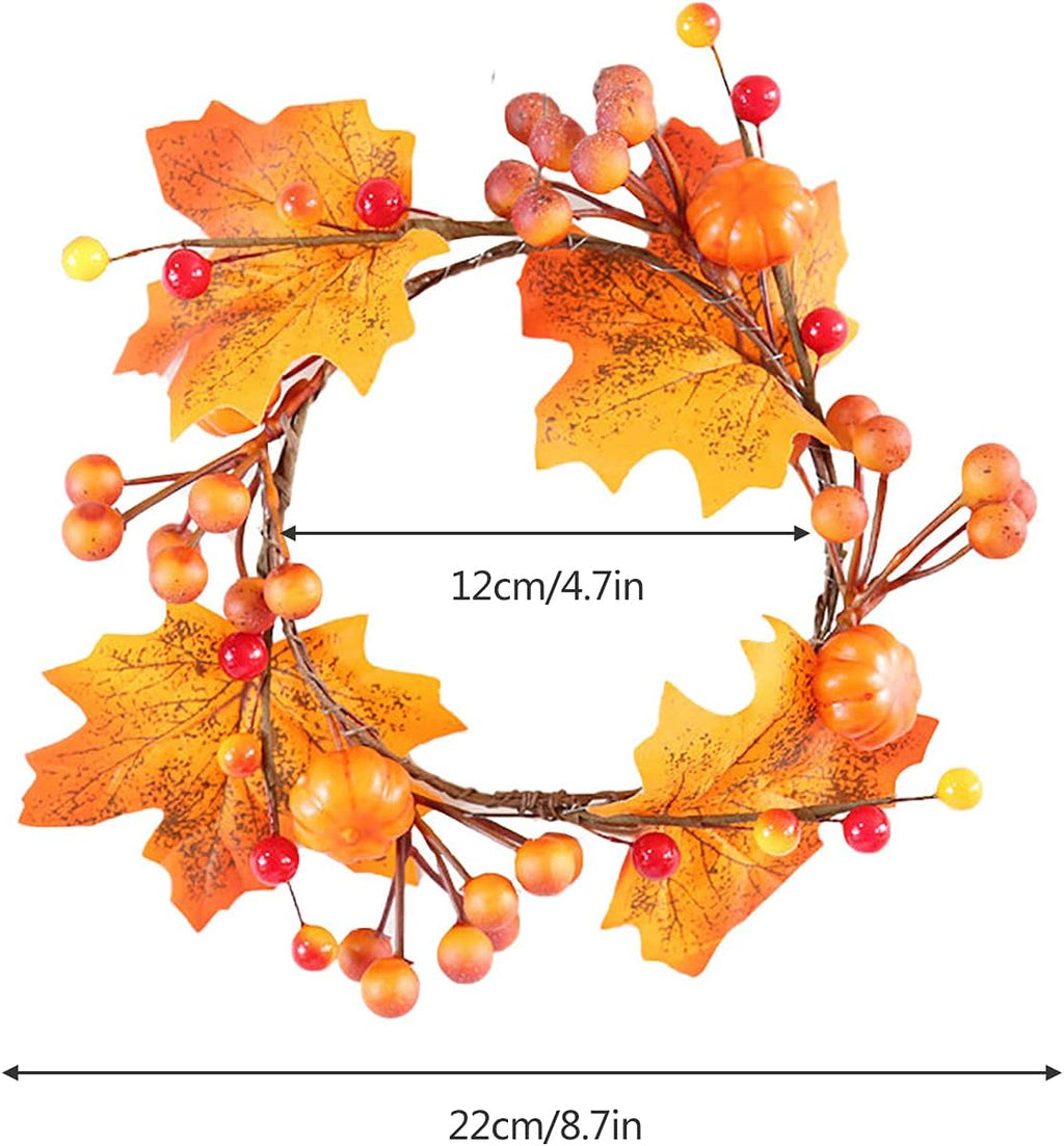 Skiennix 6-Piece Fall Candle Ring Wreaths - 4.7 Inch Pumpkin Maple Leaf & Berries Decor | Orange