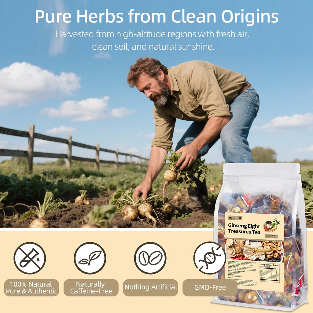 Ginseng Eight Treasures Tea Kidney Tea,Traditional Herbal Ginseng TEA, Natural Kidney tea for Women & Men, 8 Precious Ingredients Formula(2 Pack/30 Bags)