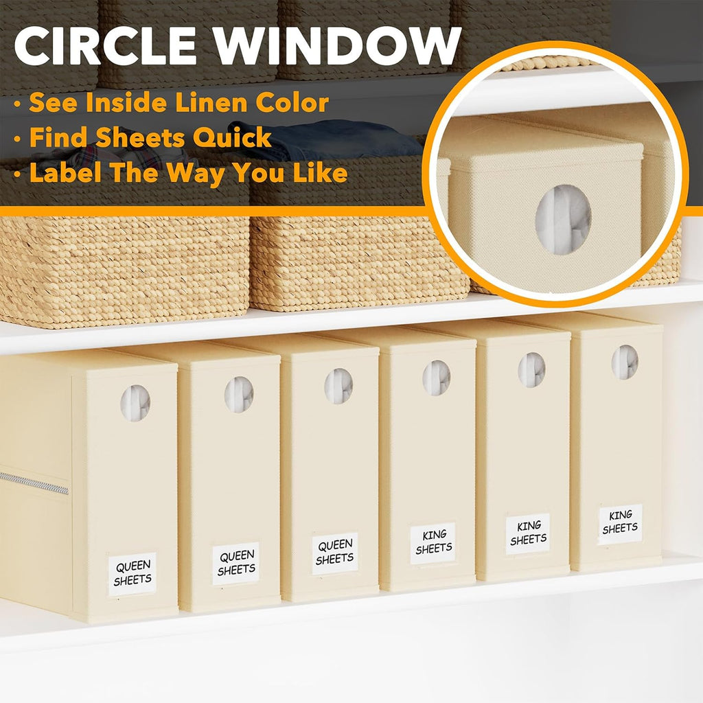 SpaceAid Bed Sheet Organizers - 6 Pack Foldable Storage with Window for Queen & King Size Bedding (Beige)