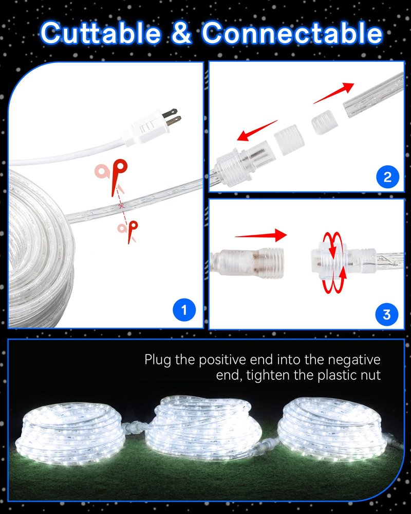 59ft LED Rope Light, Cuttable Waterproof Indoor Outdoor Clear Tube Light Plug in, 648 Daylight White LEDs 110V 6000K Flexible Connectable for Christmas Patio Outside Balcony Garden Bedroom Trees Decor