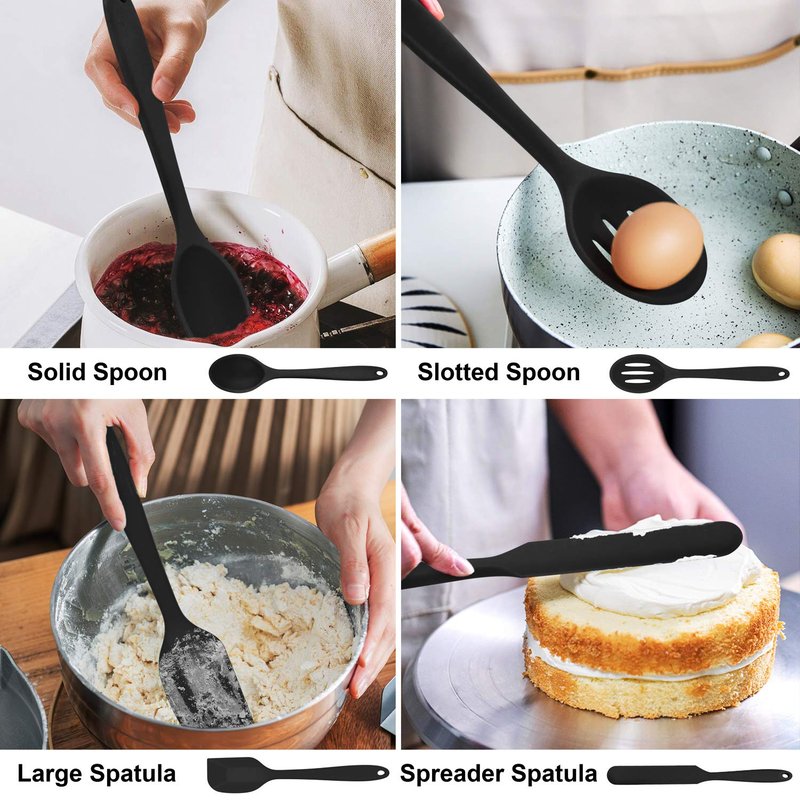 LIANYU 14 Pcs Silicone Kitchen Utensils Set with Holder, 446°F Heat Resistant Silicone Cooking Kitchen Utensils Spatula Set, Non-Stick & Dishwasher Safe Cooking Tools, Comfort Grip Handle, Black