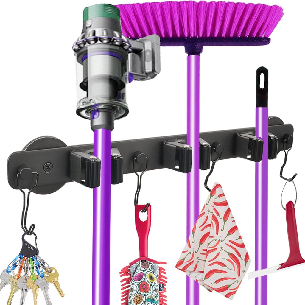 Skiennix Magnetic Mop Holder - Heavy Duty Tool Organizer with Swivel Hooks for Garage & Kitchen