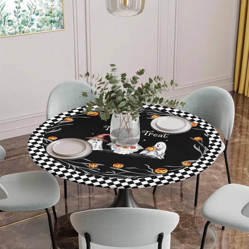 Halloween Fitted Tablecloth for Round Table,Trick Or Treat Quotes Table Cover with Elastic Edge Waterproof Table Cloth,Pumpkin Ghost Face Black White Plaid Table Covers for Kitchen Indoor 45-54in