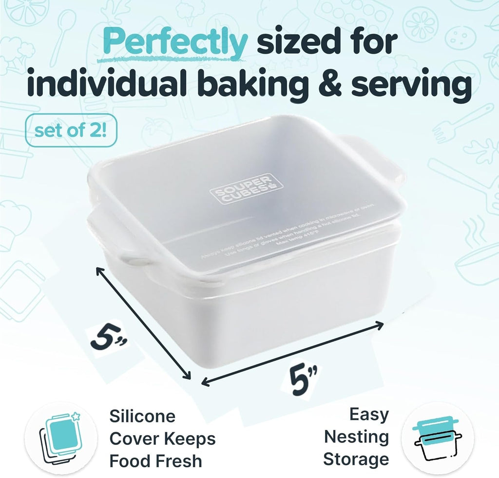 Souper Cubes Stoneware Baking Dishes - Premium Mini Ceramic 5" x 5" Oven Dishes with Silicone Covers, Set of 2 - White