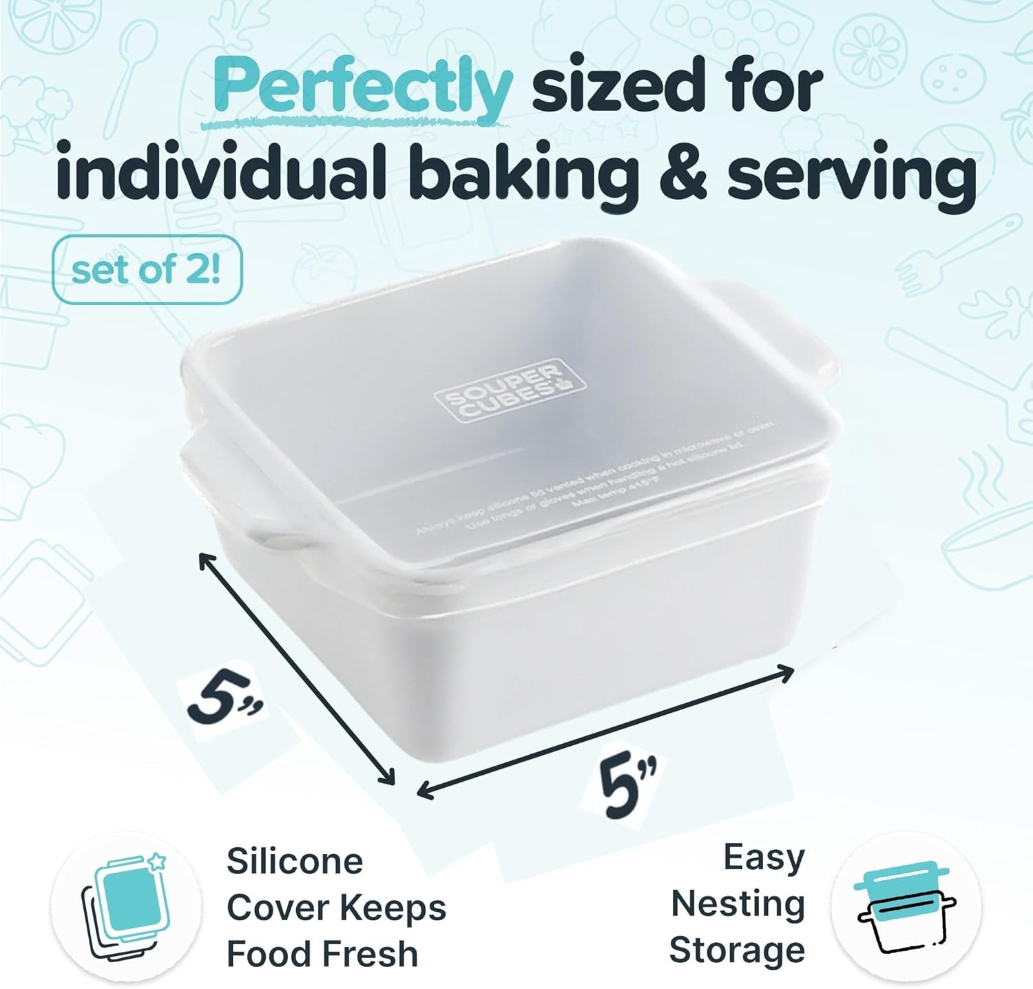 Souper Cubes Stoneware Baking Dishes - Premium Mini Ceramic 5" x 5" Oven Dishes with Silicone Covers, Set of 2 - White