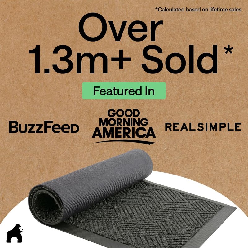 GORILLA GRIP 100% Waterproof All-Season WeatherMAX Doormat, 47x35, US Designed Natural Rubber, Stain and Fade Resistant, Low Profile Indoor Outdoor Door Mats, Easy Clean Patio Mat, Gray Diamond