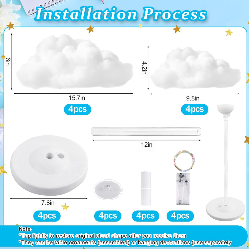 Skiennix 4 Set Artificial LED Cloud Lights - Fluffy Cotton Clouds DIY Decor for Baby Showers & Parties