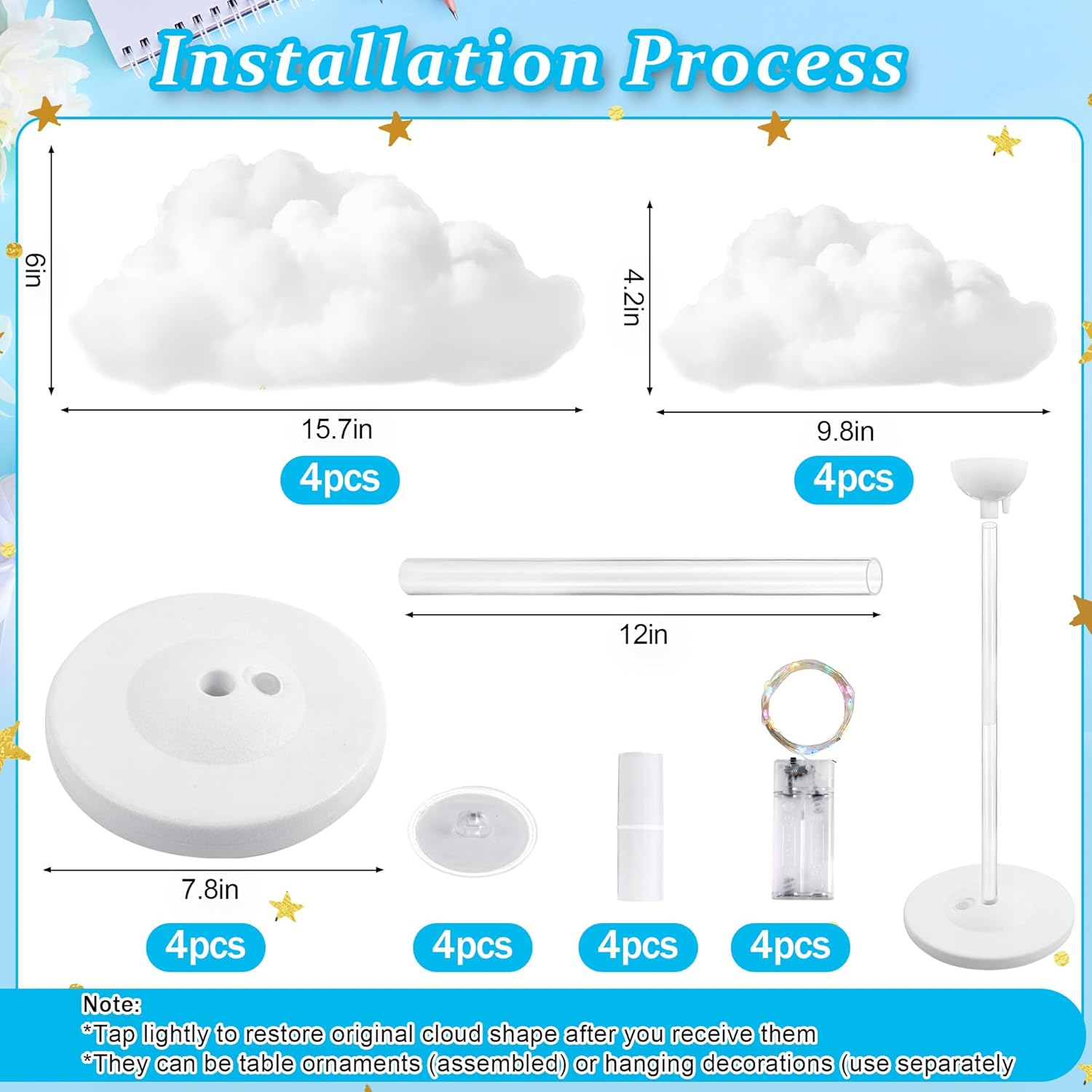Skiennix 4 Set Artificial LED Cloud Lights - Fluffy Cotton Clouds DIY Decor for Baby Showers & Parties