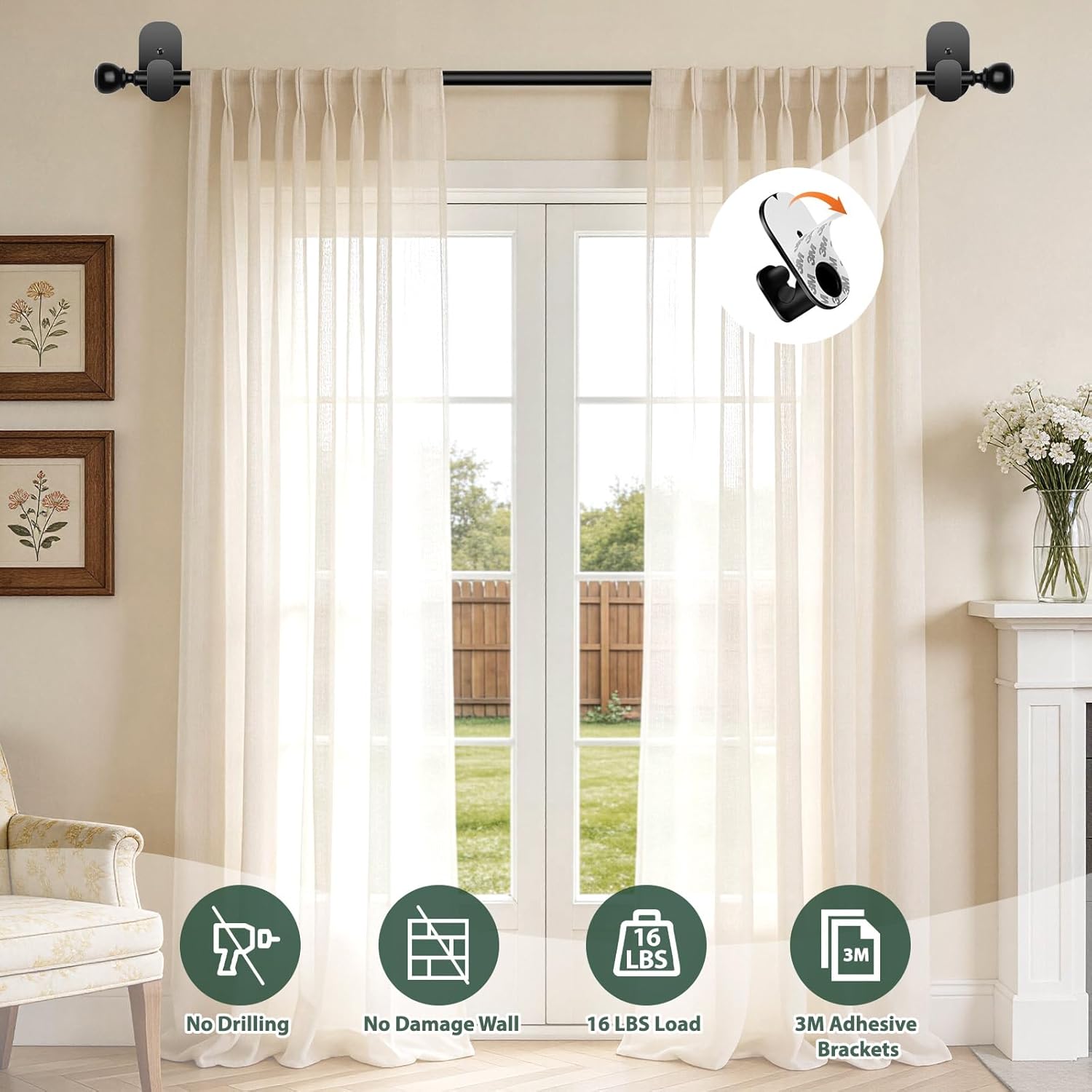 USFOOK No Drill Curtain Rods - Black 48 to 84 Inches | 5/8 Inch with 3M Adhesive Holders