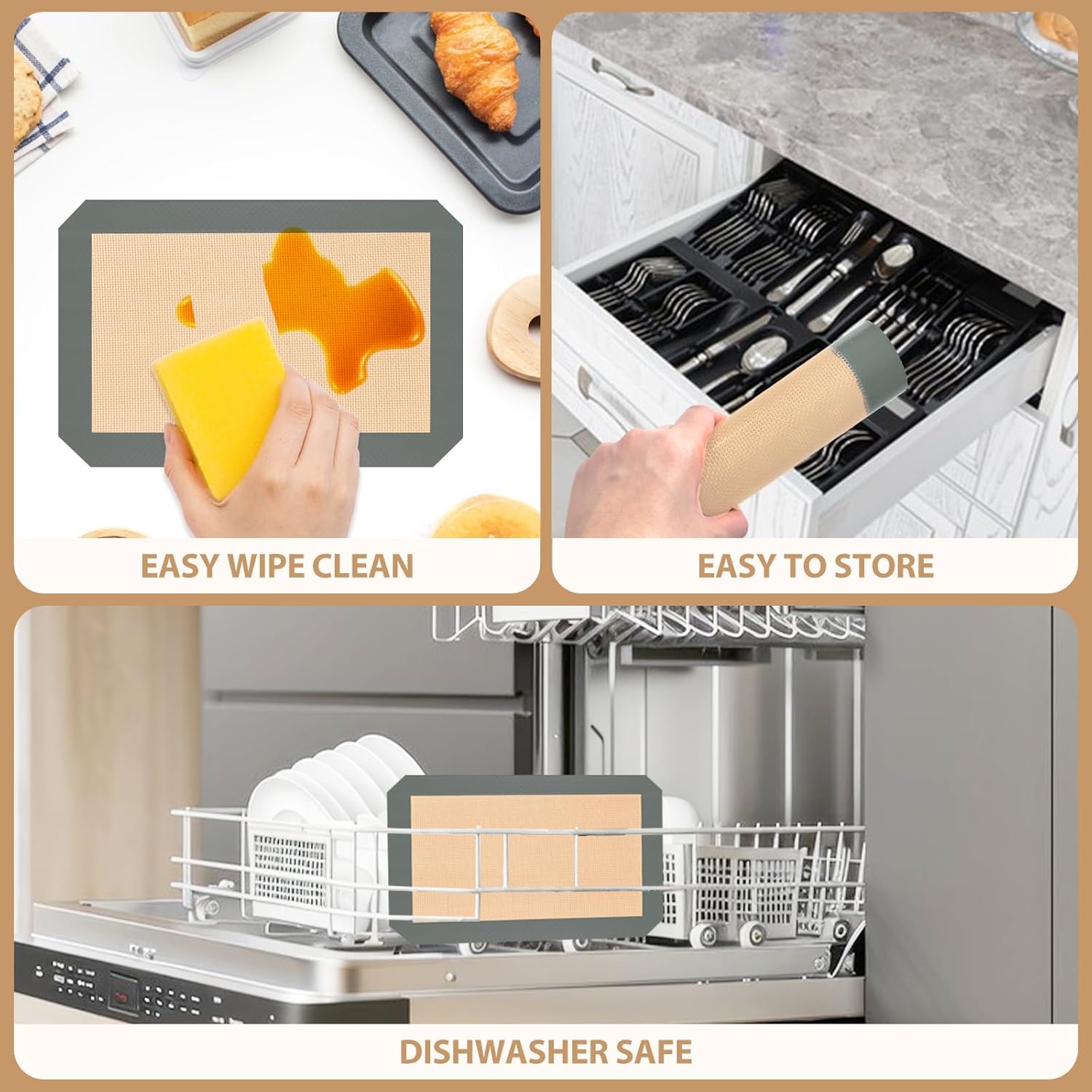 Skiennix Silicone Baking Mats - Non-Stick Baking Sheets for Cookies & Pastries | 3-Piece Set in Grey