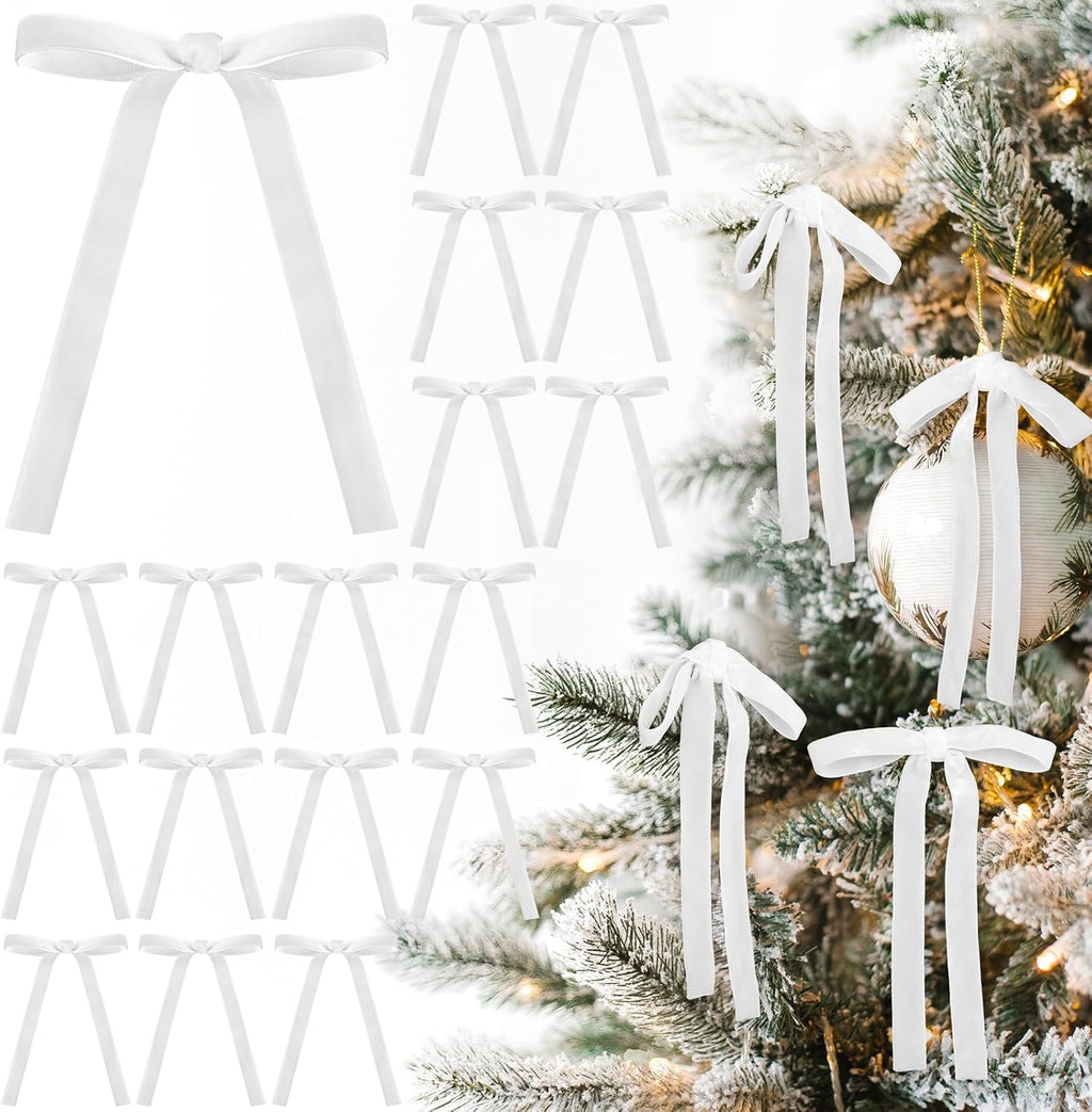 Skiennix 24 Pcs Velvet Bows - Vintage Ribbon Bows for Christmas Tree & Crafts | White, 5 x 7 Inch