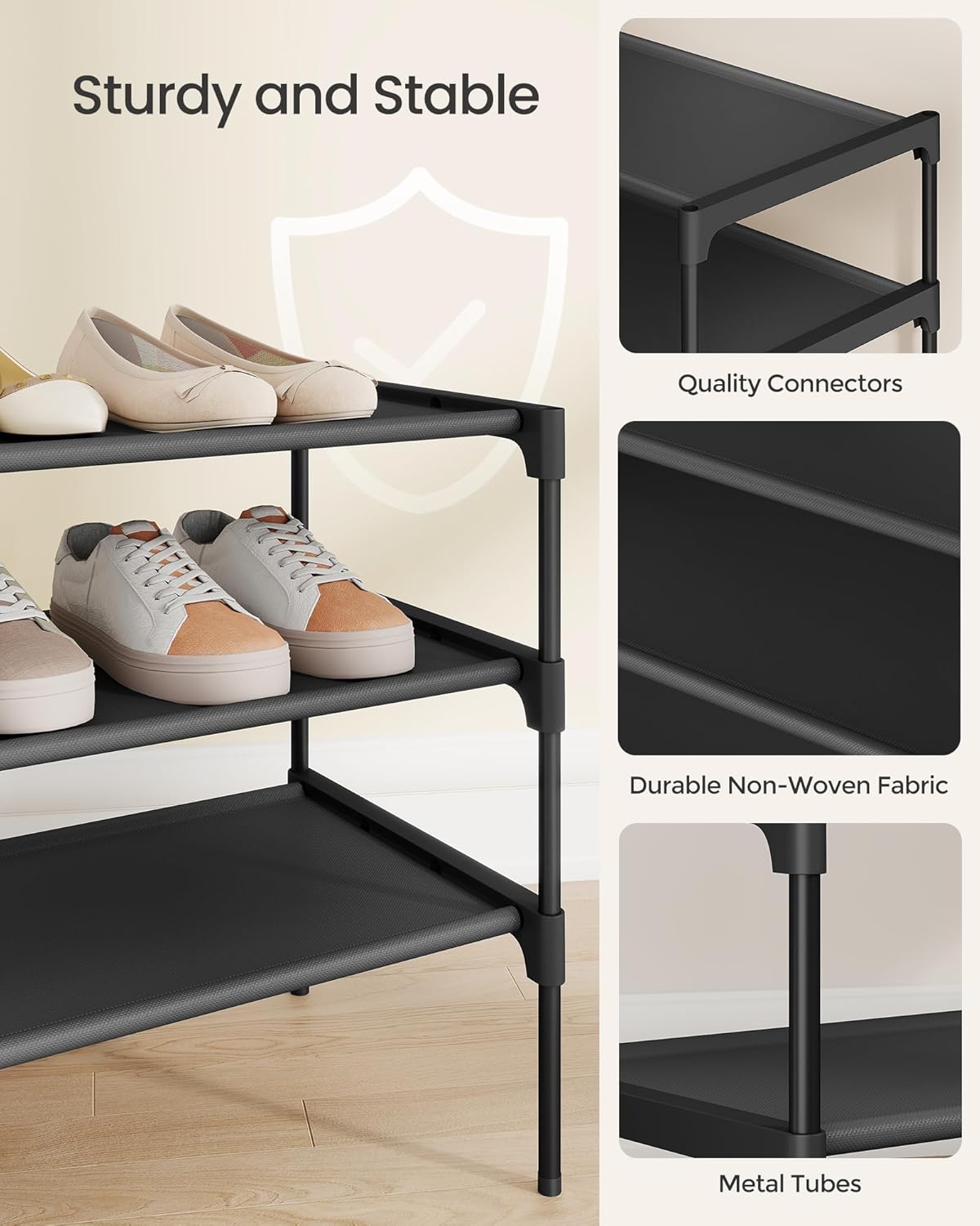 SONGMICS 3-Tier Shoe Rack - Space-Saving Organizer with Metal Frame & Non-Woven Fabric Shelves | Ink Black, 11.7 x 36.1 x 21 Inches