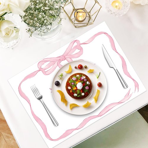 JarThenaAMCS 50 Sheets Pink Bow Paper Placemat Coquette Bowknot Place Mat Cute Disposable Table Mat for Bachelorette Party Dinner Table, 14 x 10 Inch