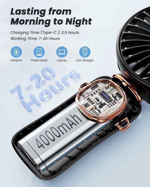 coldSky Portable Handheld Fan - 4000mAh Battery Operated 3-in-1 Travel Fan | 90° Foldable Desk Fan (Black)