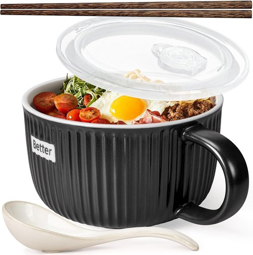 Artena 38 oz Soup Bowls - Large Microwave Safe Ceramic Ramen Bowls with Handles, Lids & Spoons | Black, 6 Inch