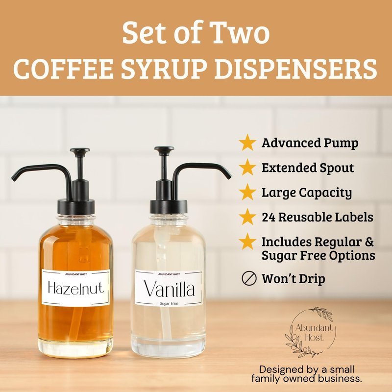Coffee Syrup Dispensers, Set of 2, Coffee Syrup Bottles with Pump and Labels, 500 ml, Espresso Bar Accessories, Glass Bottles with Pump, Black Upgraded Dispenser, 16.9 oz