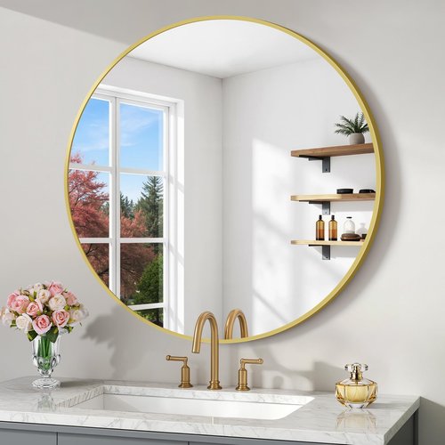 Koonmi 30" Gold Circle Mirror Wall Mounted Round Mirror with Metal Frame for Bathroom/Living Room/Vanity/Bedroom