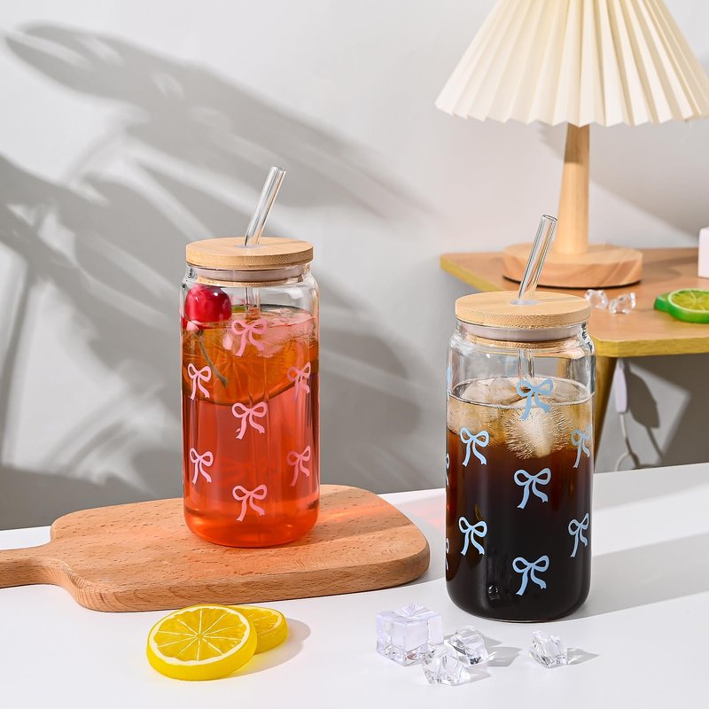 Koythin Glass Cups with Lids and Straws, Adorable Iced Coffee Tumbler for Tea Milk Smoothie Latte Juice, Bow Tie Glasses Drinking Set for Mom Girl Women, 17 oz/480 ml (Blue)